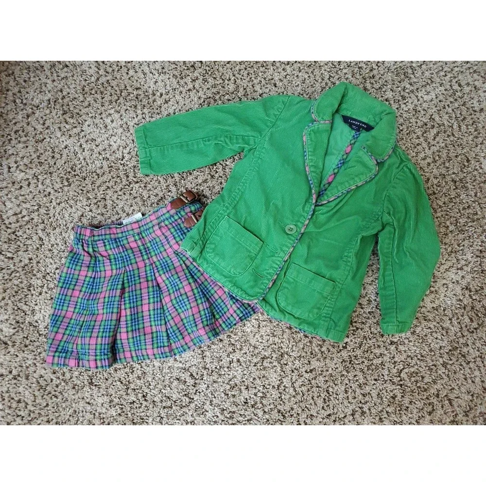 Girl's 2 piece green jacket and plaid skirt Lands End sizez 2t